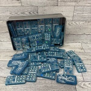 New-Handmade Frozen Themed Double Nine Blue Glitter Domino Set (55 Dominoes)